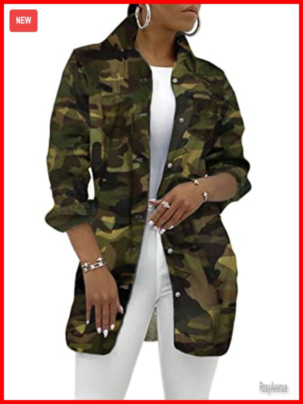 Womens Camo Denim Jacket Frayed Hem Distressed Trucker Coat Long Sleeve Casual